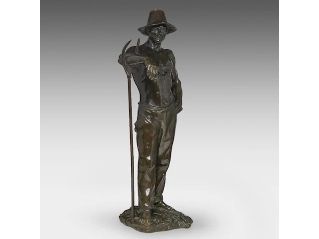Godefroid devreese (1861-1941), resting farmer, patinated bronze 72 cm. (28.35 in.) - afbeelding 6 van  8