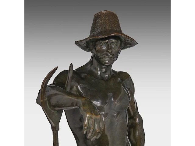 Godefroid devreese (1861-1941), resting farmer, patinated bronze 72 cm. (28.35 in.) - afbeelding 7 van  8