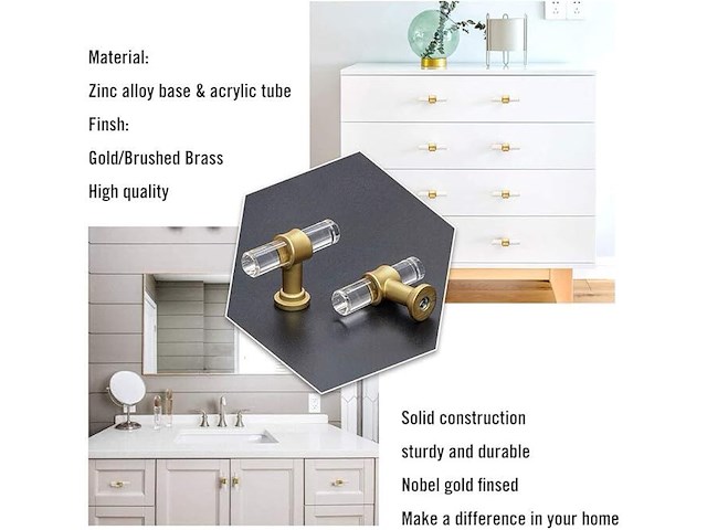 Goldenwarm 10-delige set geborsteld messing kastknoppen - afbeelding 3 van  3