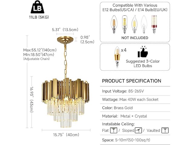 Gouden kristallen kroonluchter - afbeelding 2 van  5