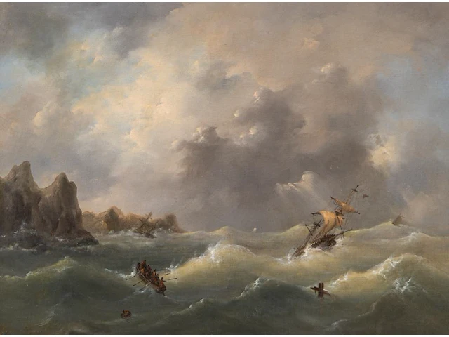 Govert van emmerik (1808-1882), sinking ships near a rocky shore, 1844, oil on canvas 55 x 71 cm. (21.64 x 27.94 in.), frame: 79 x 97 cm. (31.10 x 38.18 in.) - afbeelding 1 van  6