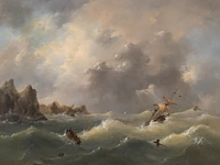 Govert van emmerik (1808-1882), sinking ships near a rocky shore, 1844, oil on canvas 55 x 71 cm. (21.64 x 27.94 in.), frame: 79 x 97 cm. (31.10 x 38.18 in.)
