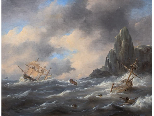 Govert van emmerik (1808-1882), sinking ships near a rocky shore, oil on canvas 59 x 74 cm. (23.23 x 29.12 in.), frame: 81 x 99 cm. (31.89 x 38.97 in.) - afbeelding 1 van  7