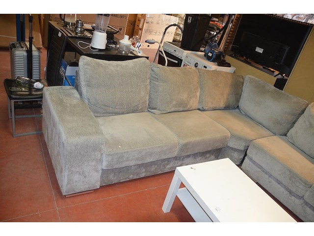 Grijs stoffen u-vormig hoeksalon afm. 350x280, wit rechthoekig salontafeltje, rond zwart bijzettafeltje - afbeelding 8 van  11