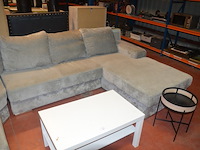 Grijs stoffen u-vormig hoeksalon afm. 350x280, wit rechthoekig salontafeltje, rond zwart bijzettafeltje - afbeelding 9 van  11