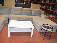 Grijs stoffen u-vormig hoeksalon afm. 350x280, wit rechthoekig salontafeltje, rond zwart bijzettafeltje - afbeelding 10 van  11
