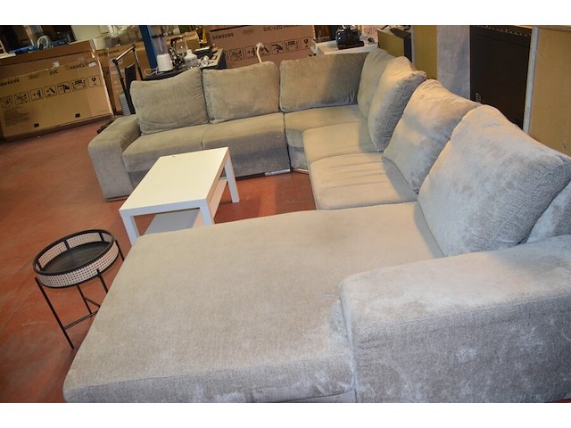 Grijs stoffen u-vormig hoeksalon afm. 350x280, wit rechthoekig salontafeltje, rond zwart bijzettafeltje - afbeelding 11 van  11