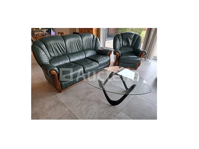 Groene leren fauteuils (3 + 1), salontafel - afbeelding 1 van  11