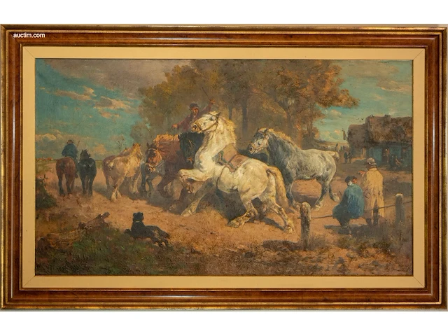 Groot klassiek olieverfschilderij "steigerende... - afbeelding 1 van  2
