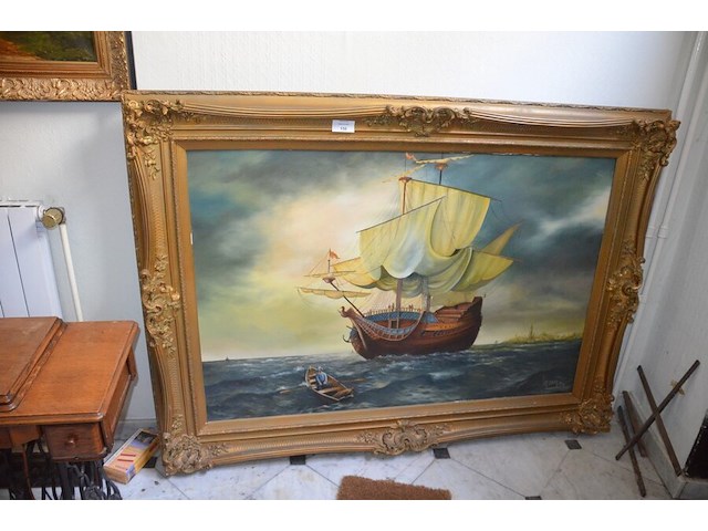 Groot schilderij in koperkleurige kader zeilboot afm. 180x130 - afbeelding 1 van  7
