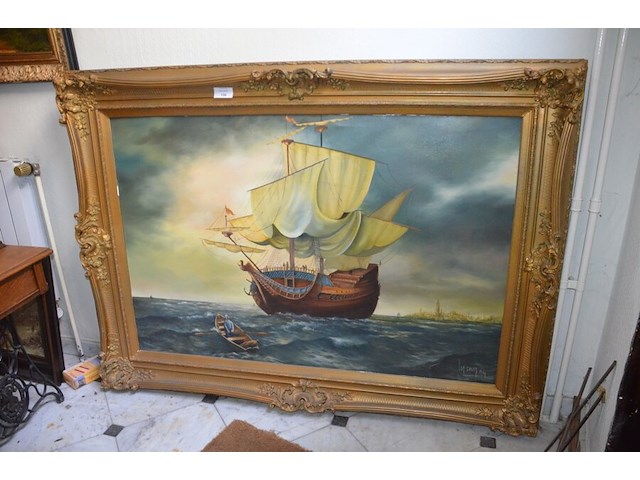 Groot schilderij in koperkleurige kader zeilboot afm. 180x130 - afbeelding 2 van  7