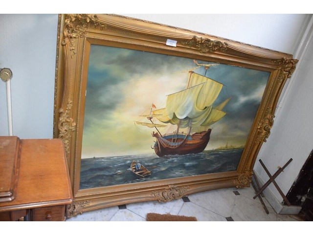 Groot schilderij in koperkleurige kader zeilboot afm. 180x130 - afbeelding 3 van  7