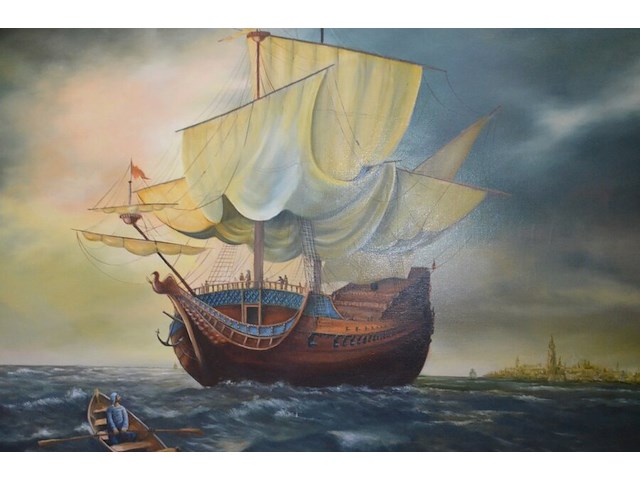 Groot schilderij in koperkleurige kader zeilboot afm. 180x130 - afbeelding 5 van  7