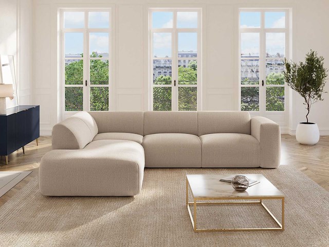 Grote bank in de linkerhoek met meridiaanrug in fijn ribfluik ribfluwelen beige van maison céphy - afbeelding 7 van  8