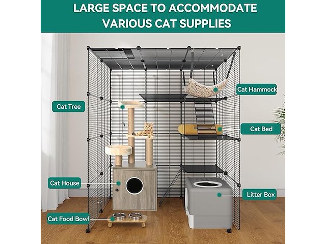 Grote dierenkooi metaal 4 niveaus metaal zwart - afbeelding 5 van  6