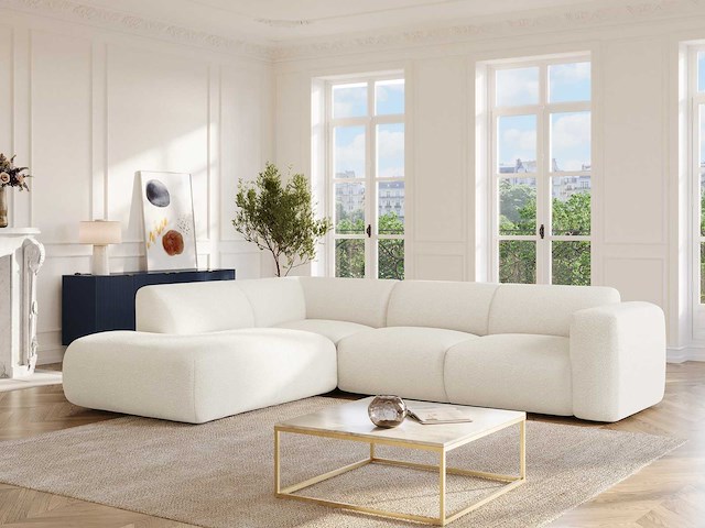 Grote linkerhoek bank met chaise longue rugleuning van witte badstof - afbeelding 2 van  8