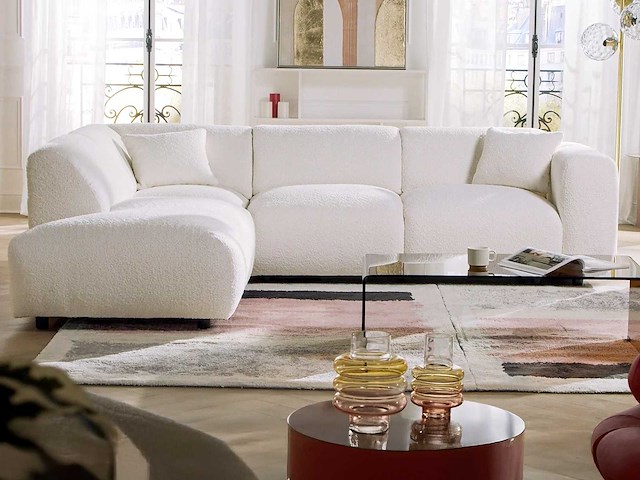 Grote linkerhoek bank met chaise longue rugleuning van witte badstof - afbeelding 8 van  8