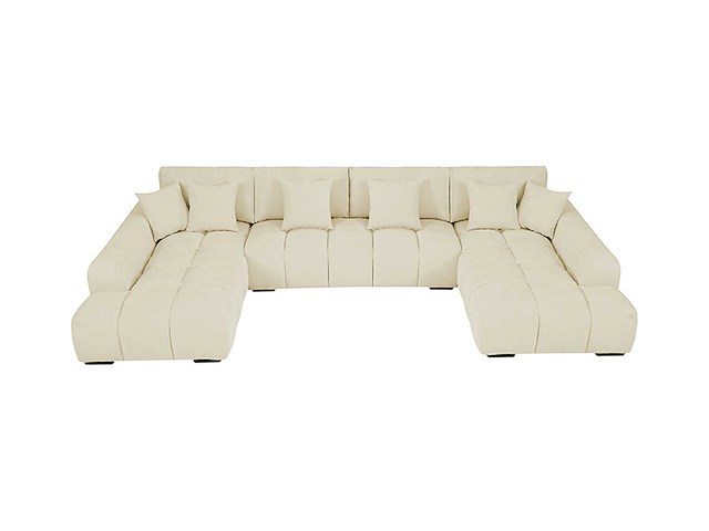 Grote panoramische hoekbank van beige stof met textuur - afbeelding 3 van  10