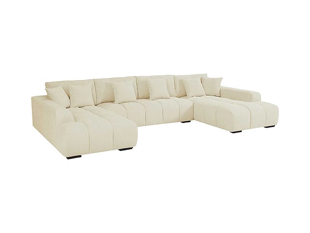 Grote panoramische hoekbank van beige stof met textuur - afbeelding 4 van  10