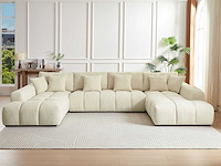 Grote panoramische hoekbank van beige stof met textuur - afbeelding 10 van  10
