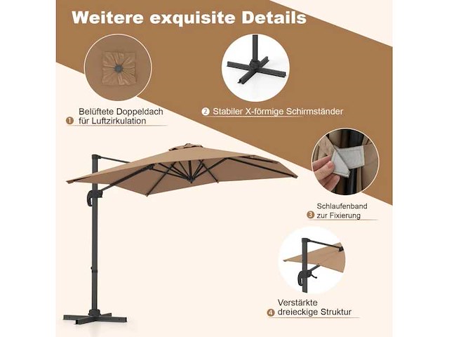 Grote rechthoekige tuinparasol 250 x 250 cm met slinger, bruine kleur - afbeelding 4 van  8