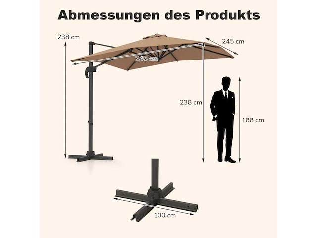 Grote rechthoekige tuinparasol 250 x 250 cm met slinger, bruine kleur - afbeelding 5 van  8