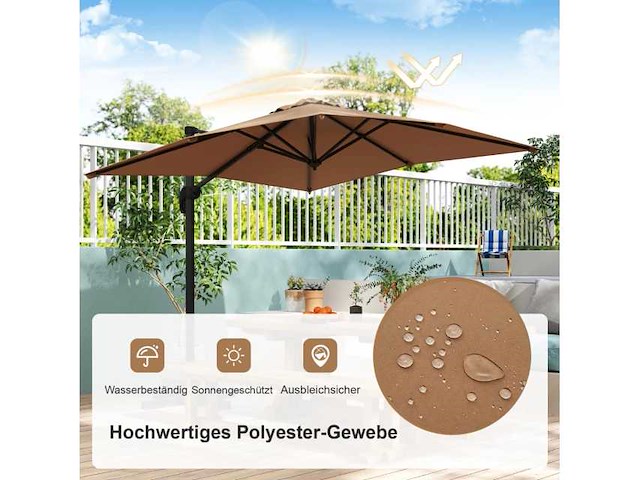 Grote rechthoekige tuinparasol 250 x 250 cm met slinger, bruine kleur - afbeelding 7 van  8