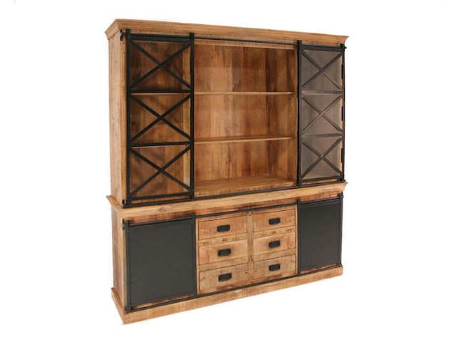 Grote vitrinekast ron in massief hout 4-deurs 200 cm - afbeelding 1 van  2