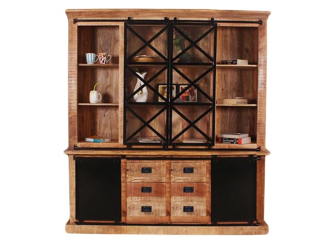 Grote vitrinekast ron in massief hout 4-deurs 200 cm - afbeelding 2 van  2