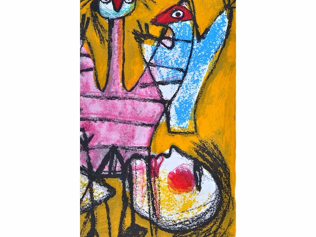 Guillaume corneille - jeux entre femme et oiseau - zeefdruk - 1/200 - afbeelding 1 van  1