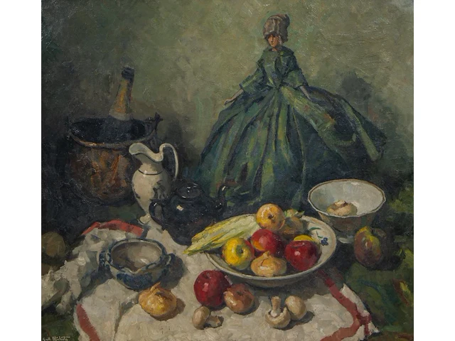 Guillaume michiels (1909-1997), still life, with a doll, oil on canvas 87 x 95 cm. (34 1/4 x 37.39 in.), frame: 106 x 113 cm. (41.72 x 44.49 in.) - afbeelding 1 van  7
