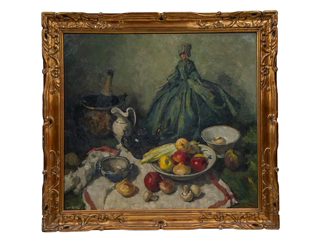 Guillaume michiels (1909-1997), still life, with a doll, oil on canvas 87 x 95 cm. (34 1/4 x 37.39 in.), frame: 106 x 113 cm. (41.72 x 44.49 in.) - afbeelding 2 van  7