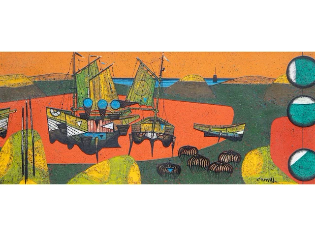 Gustave camus (1914-1984), 'les 3 pieges bleus', oil on canvas - afbeelding 1 van  8