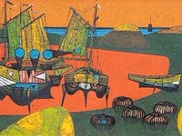 Gustave camus (1914-1984), 'les 3 pieges bleus', oil on canvas