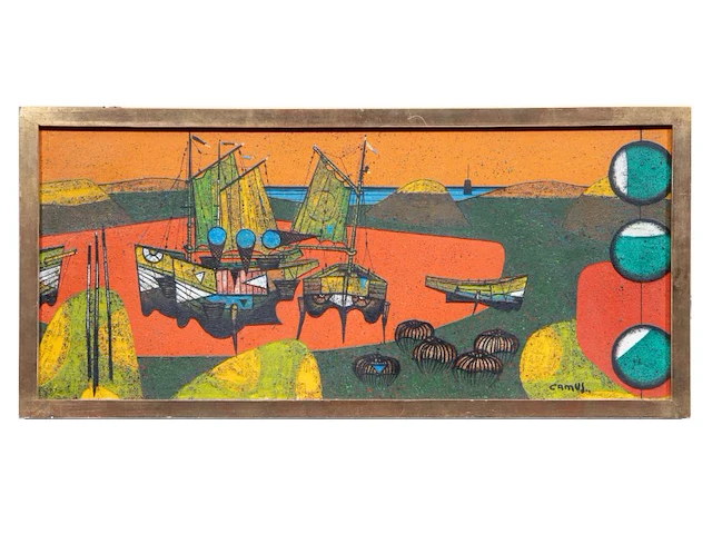 Gustave camus (1914-1984), 'les 3 pieges bleus', oil on canvas - afbeelding 2 van  8