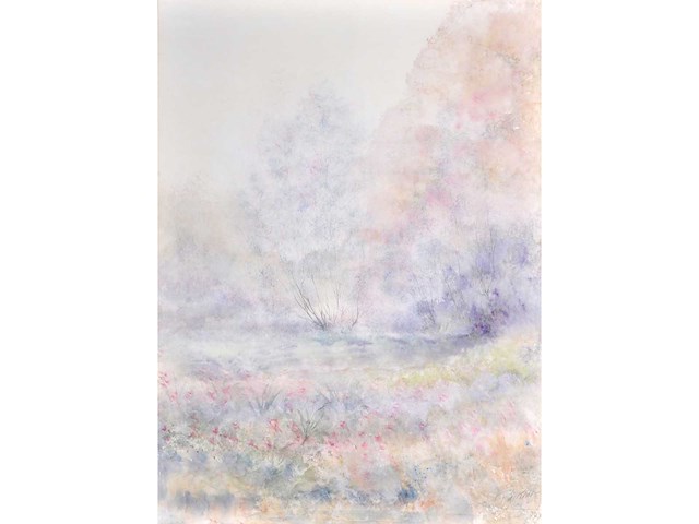Guy ribes (1948– ) - bloeiend landschap in nevel - aquarel - afbeelding 1 van  6