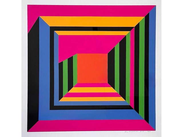 Guy vandenbranden - geometrisch abstract - zeefdruk - ingelijst - 1973 - afbeelding 2 van  7