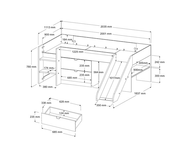 Halfhoogslaper met glijbaan tobo 90x200 - eik/wit - afbeelding 7 van  7