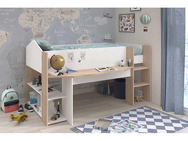 Halfhoogslaper shelby - 90x200 - met bureau en opbergruimte - wit/eikdecor - afbeelding 4 van  7