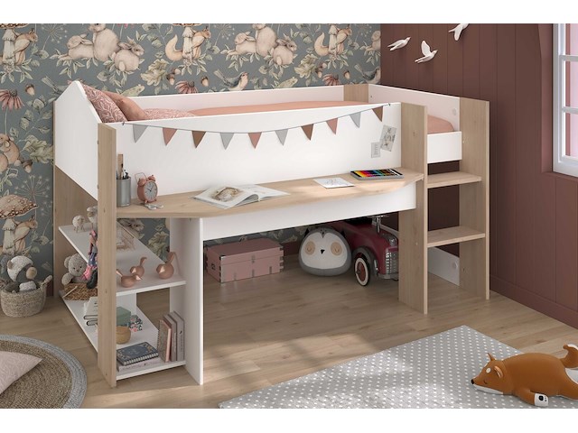Halfhoogslaper shelby - 90x200 - met bureau en opbergruimte - wit/eikdecor - afbeelding 1 van  7