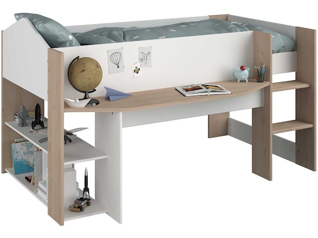 Halfhoogslaper shelby - 90x200 - met bureau en opbergruimte - wit/eikdecor - afbeelding 5 van  7
