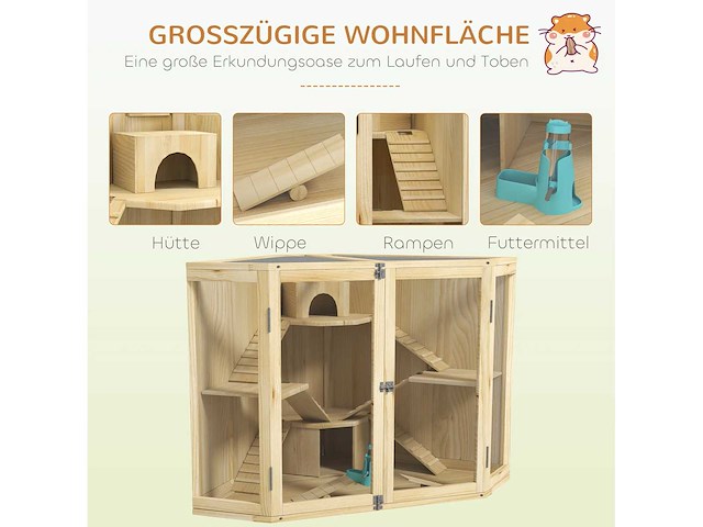 Hamsterkooi - 4 niveaus, met voeder, schommel, helling en kennels - afbeelding 8 van  12