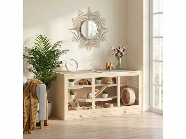 Hamsterkooi, kooi, gerbils 2 niveaus, dak openend raam, hut 2 schaal, 115 x 57 x 55 cm, natuurlijk hout effect - afbeelding 1 van  5