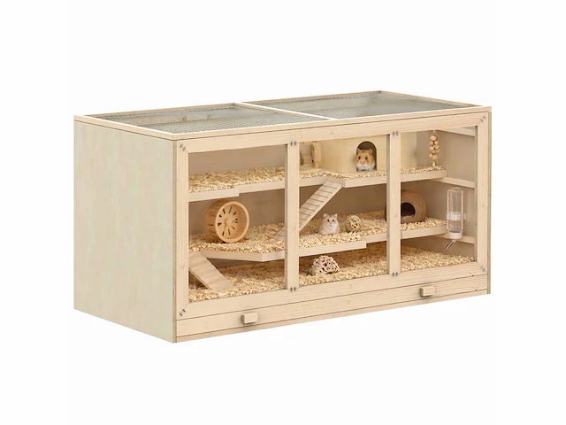 Hamsterkooi, kooi, gerbils 2 niveaus, dak openend raam, hut 2 schaal, 115 x 57 x 55 cm, natuurlijk hout effect - afbeelding 2 van  5