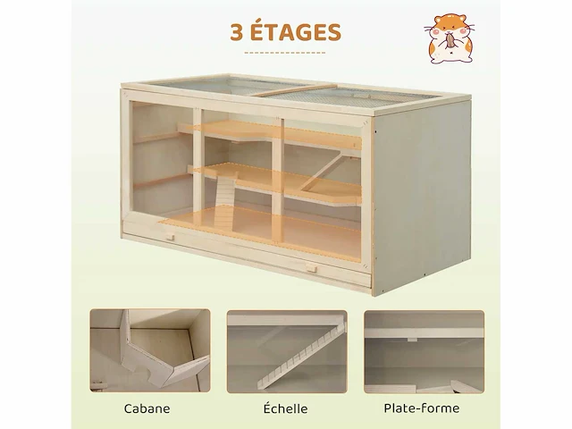 Hamsterkooi, kooi, gerbils 2 niveaus, dak openend raam, hut 2 schaal, 115 x 57 x 55 cm, natuurlijk hout effect - afbeelding 4 van  5