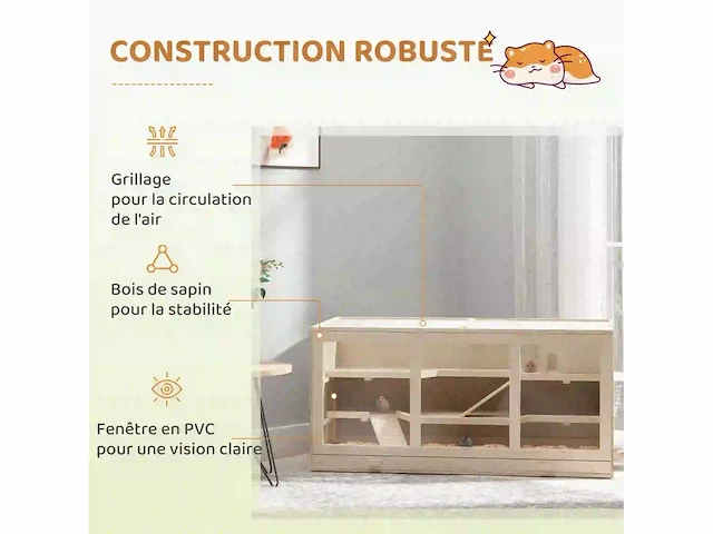 Hamsterkooi, kooi, gerbils 2 niveaus, dak openend raam, hut 2 schaal, 115 x 57 x 55 cm, natuurlijk hout effect - afbeelding 5 van  5