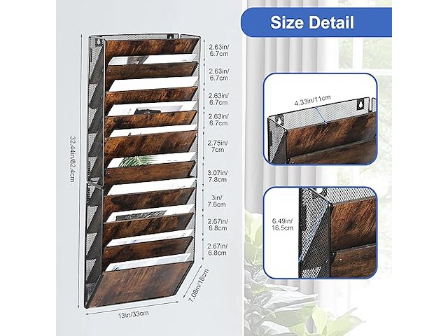 Hangende metalen documentenmap 10 houten vakken - afbeelding 2 van  4