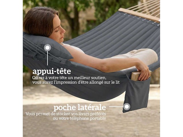Hangmat 325 cm met extra lang kussen, gewatteerde stof - afbeelding 4 van  4