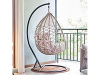 Hangstoel 95 cm breed - hoogte 200 cm - bruin frame / witte kussens met print - afbeelding 1 van  2