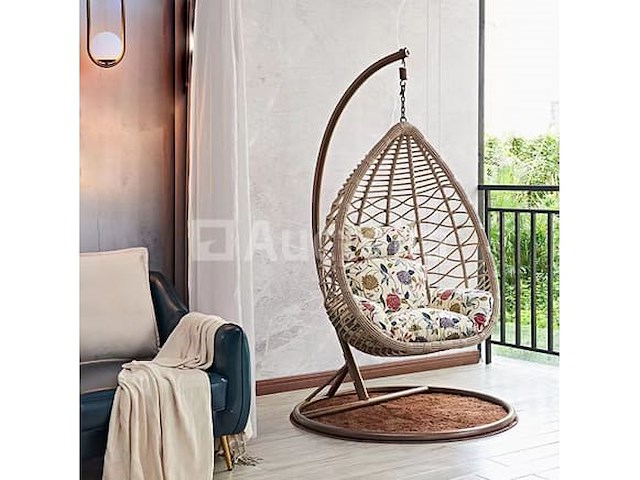 Hangstoel 95 cm breed - hoogte 200 cm - bruin frame / witte kussens met print - afbeelding 2 van  2